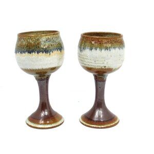 VINTAGE STUDIO ART POTTERY WINE STONEWARE GOBLET CHALICE EARTHTONE SET OF 2